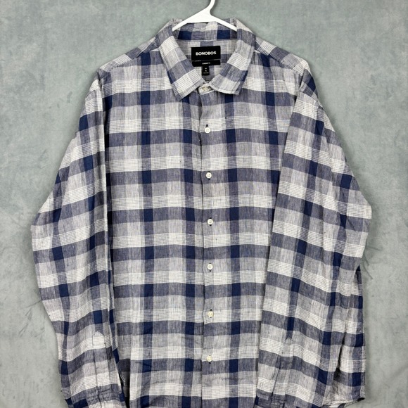Bonobos Other - Bonobos Mens XL Standard Fit Blue White Plaid Linen Cotton Button Down Shirt